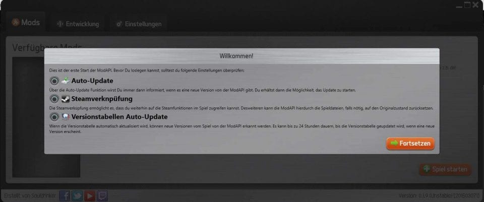 Das Einrichtungsmenü der Mod_Api